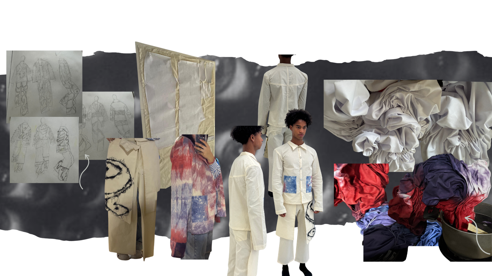 Collage de proceso: bocetos, toile y primeras pruebas