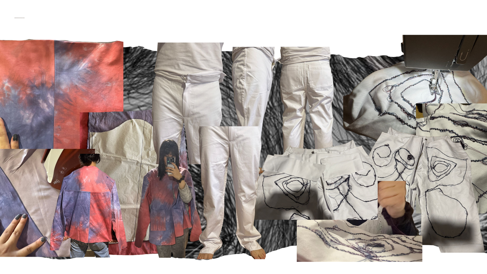 Collage de proceso: tintura shibori, pruebas de vestuario y bordado
