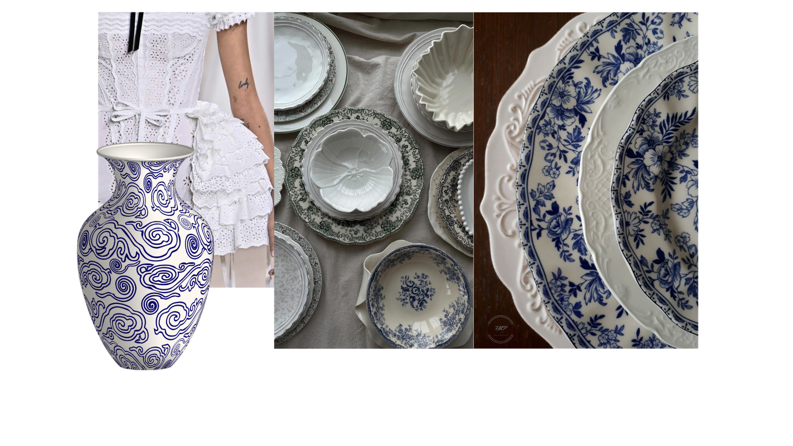 Moodboard de &Iacute;ndigo: jarr&oacute;n de porcelana china, encaje blanco, vajilla y platos azules y blancos