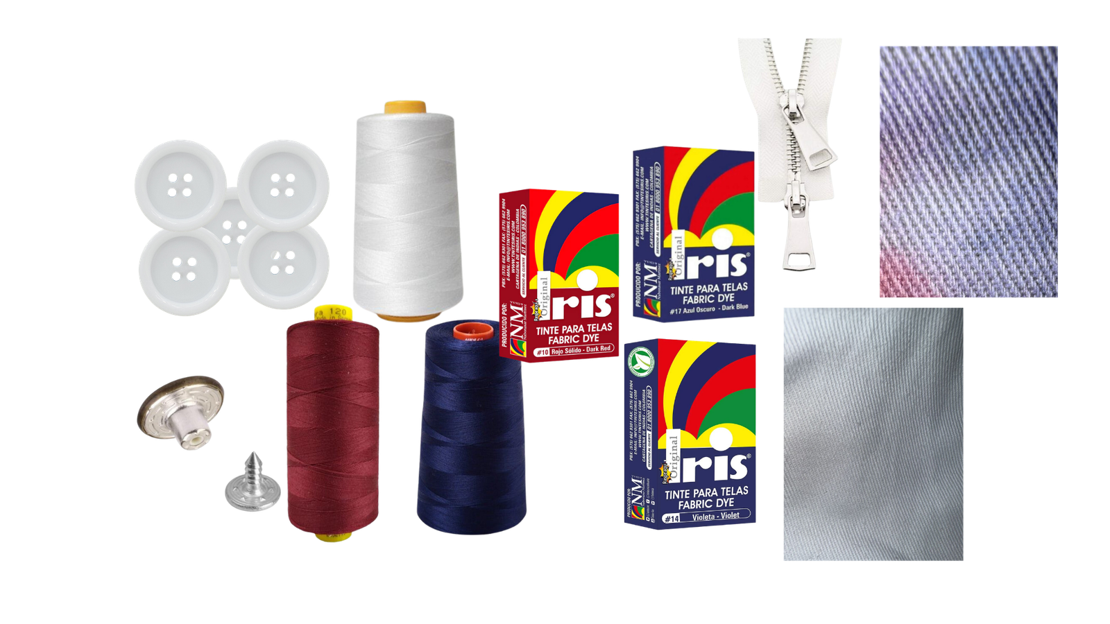 Insumos y materiales: botones, hilos, tintes, cremallera y telas