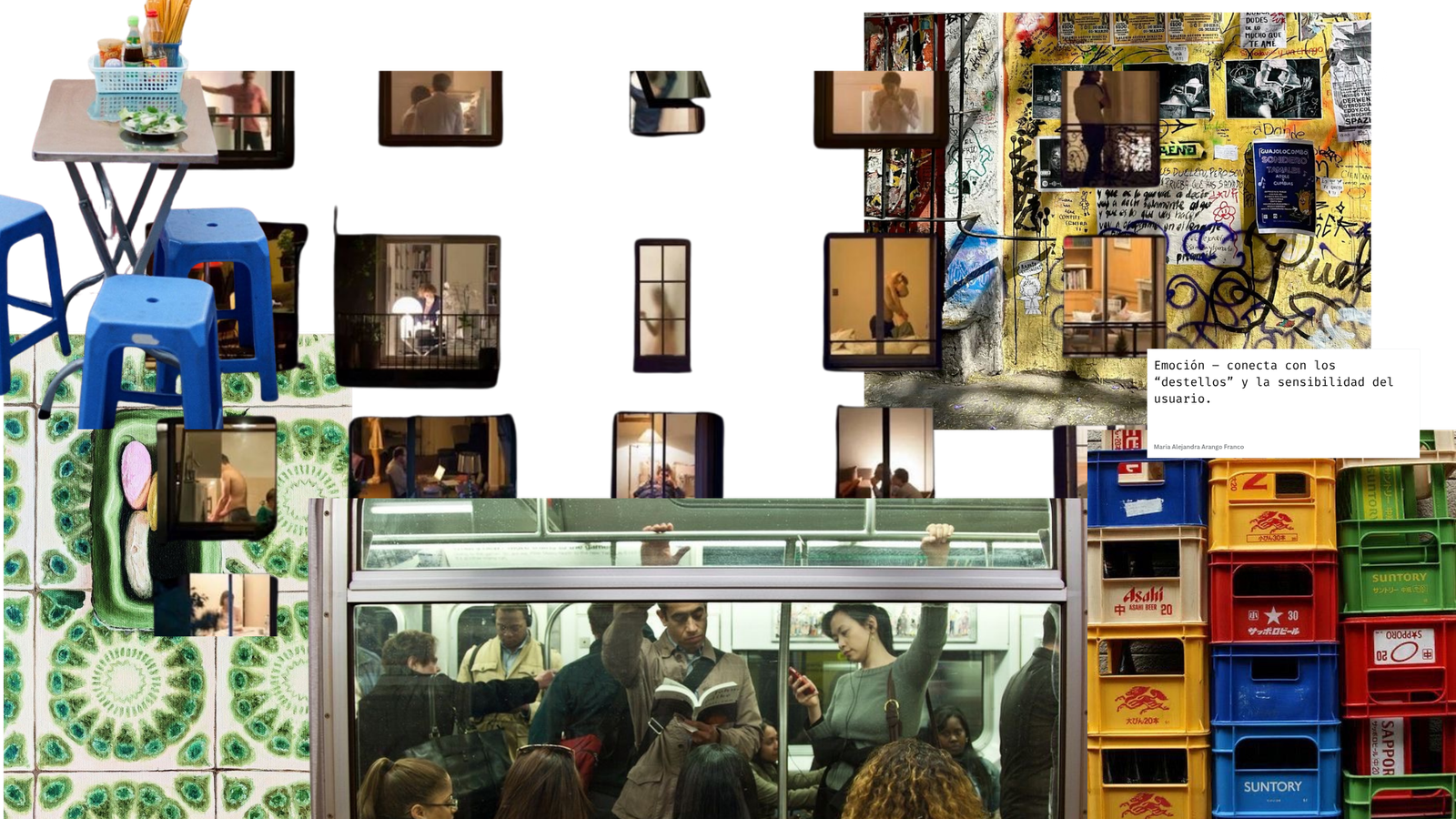 Moodboard conceptual de Cotidianidades: collage de fachadas, ventanas iluminadas, transporte p&uacute;blico, tienda de barrio y texturas urbanas de Bogot&aacute;