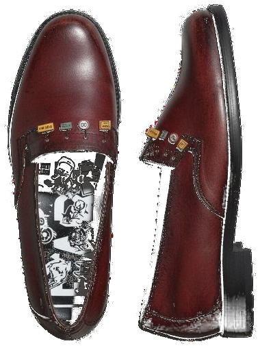 Boceto 3D: mocasines en cuero vino tinto con forro estampado