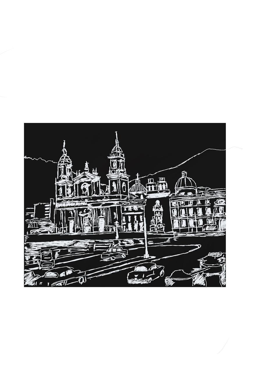 Ilustraci&oacute;n de l&iacute;nea de una iglesia de Bogot&aacute;, referencia de print