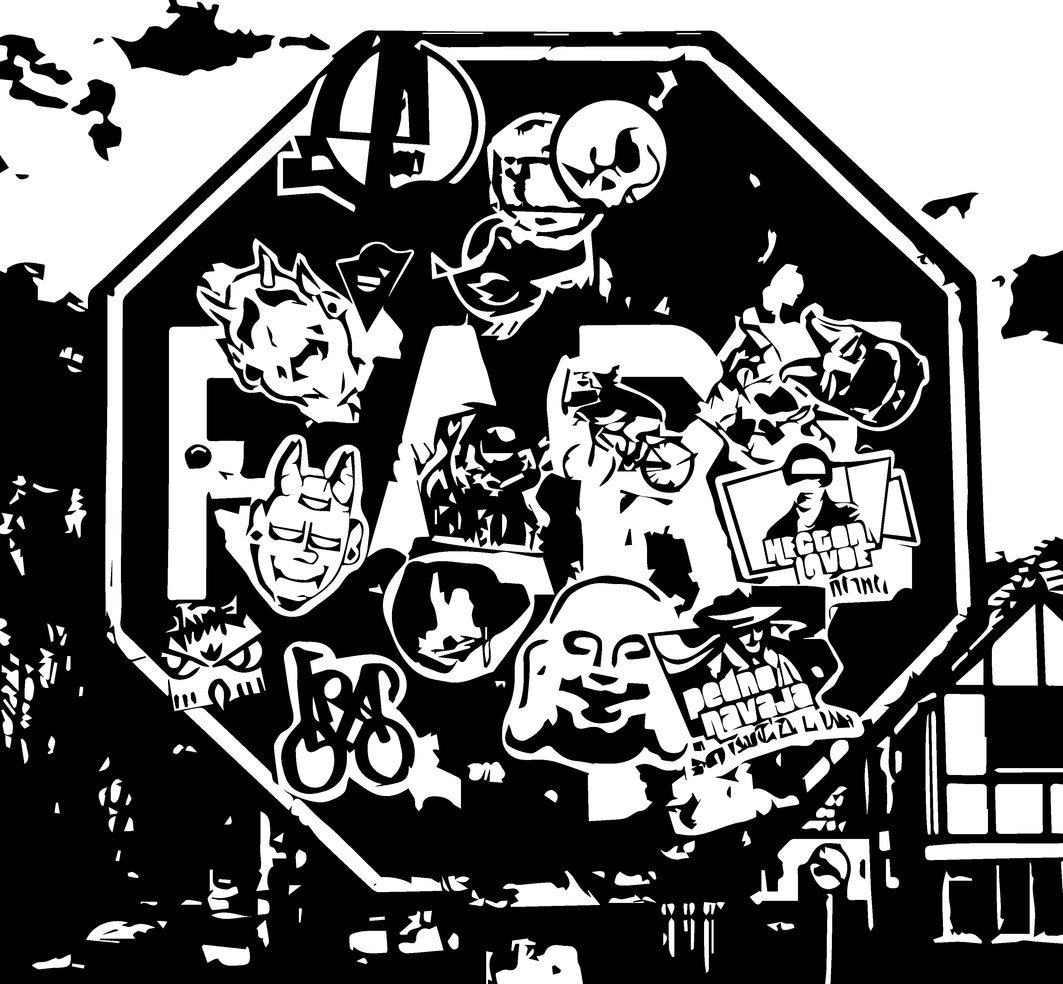 Collage de stickers urbanos sobre se&ntilde;al de PARE, referencia de print