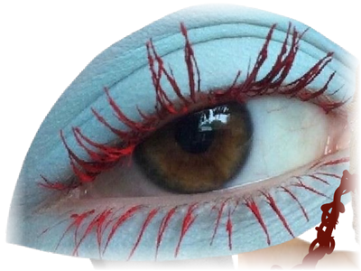 Detalle del collage: ojo con sombra azul y pestañas rojas — Paranoia