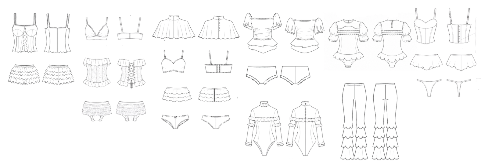 Dibujos planos de &Iacute;ndigo: corsés, bralettes, panties, faldas con volantes y bodys