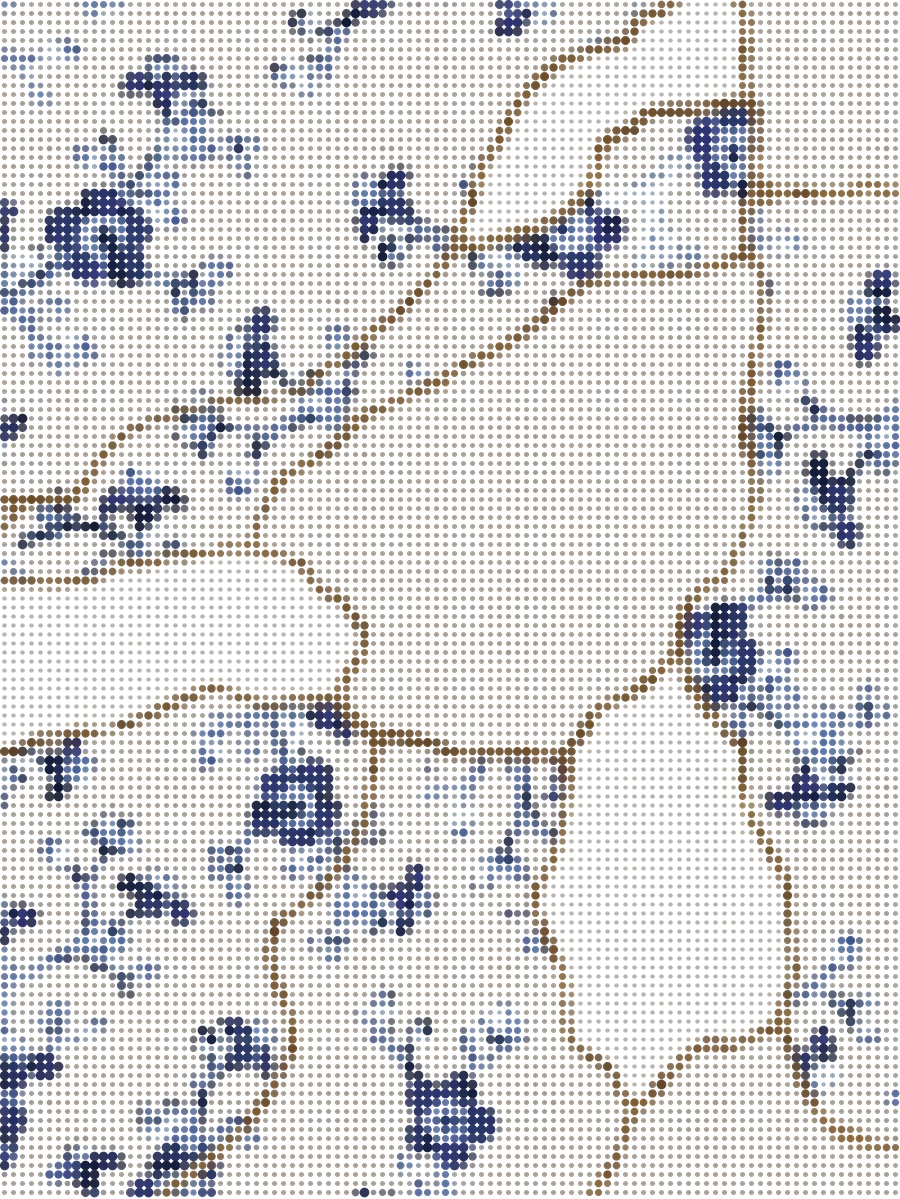 Alfombra con grietas doradas tipo kintsugi y ramas de flores azules sobre fondo beige